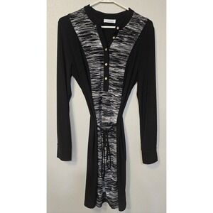 Calvin Klein Black & White Panel Dress Long Sleeve SZ L Gold buttons Spandex